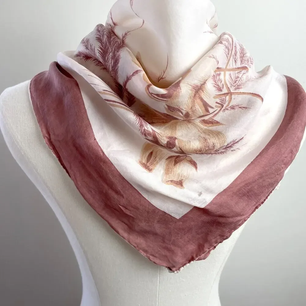 Vintage 70s Silk Scarf Square Neutral Brown Floral Border Print Quiet Luxury